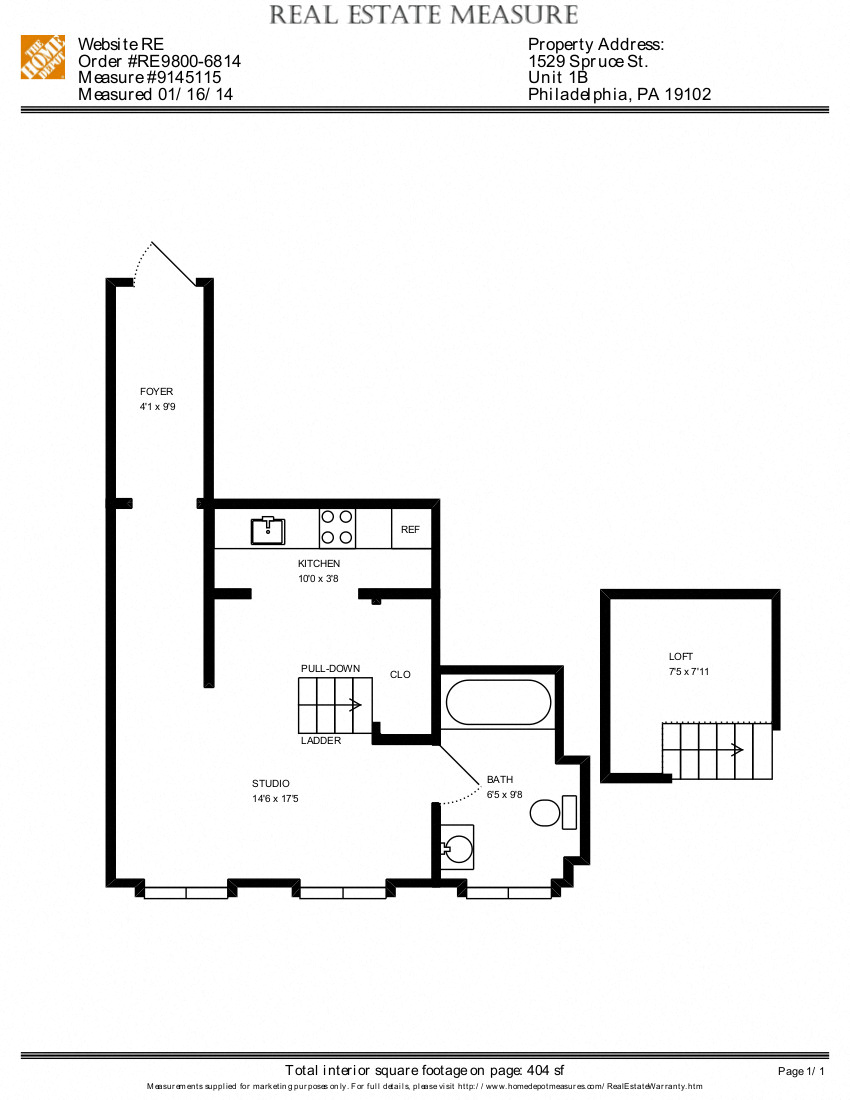 Floor plan for studio, 1 bath, 410 sqft